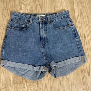Denim Co High Waisted Denim Shorts Womens 4 Blue Cuffed Mom Shorts 100% Cotton